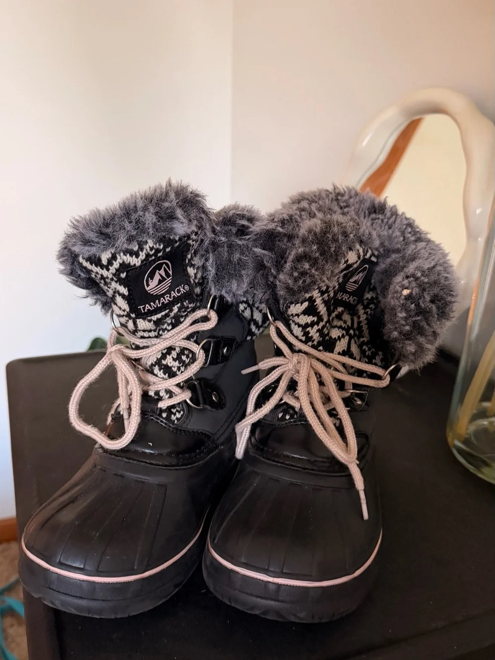 Kids Winter Snow Boots with Faux Fur Trim - Black/Grey